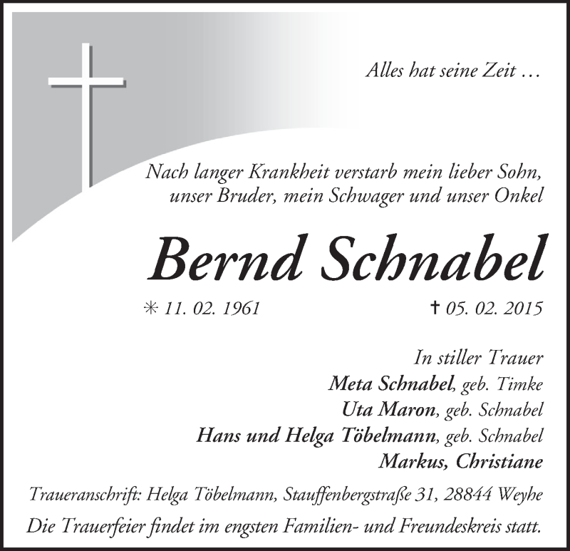 Traueranzeige von Bernd Schnabel von WESER-KURIER