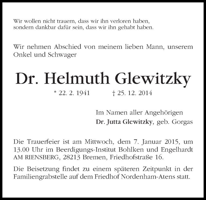 Traueranzeige von Helmuth Glewitzky von WESER-KURIER