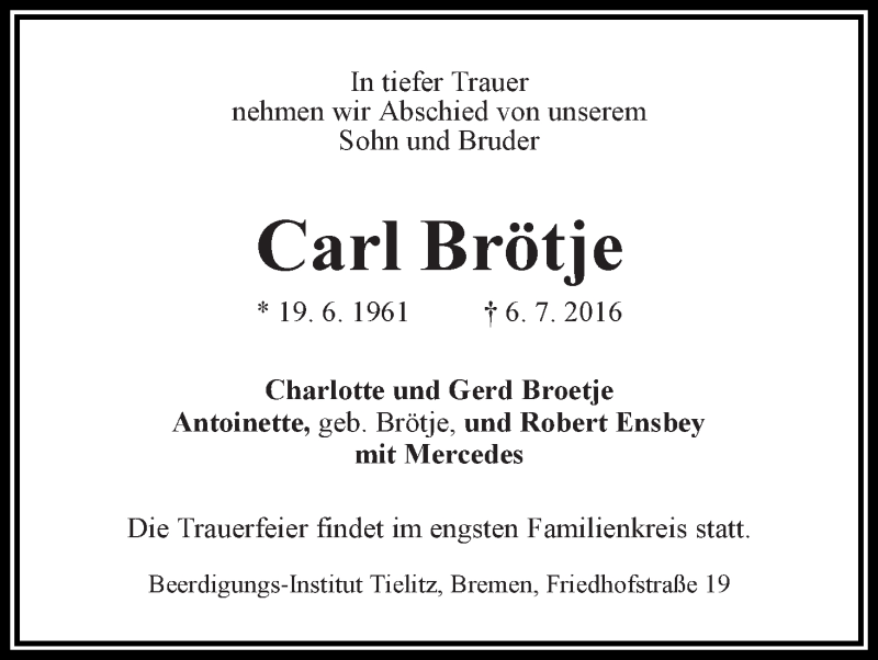 Traueranzeige von Carl Brötje von WESER-KURIER