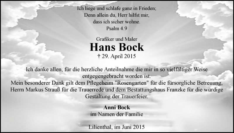 Traueranzeige von Hans Bock von Wuemme Zeitung