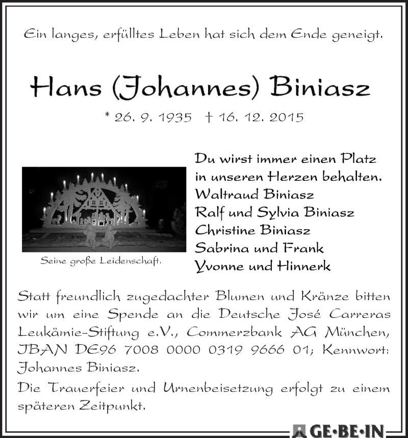 Traueranzeige von Hans (Johannes) Biniasz von WESER-KURIER