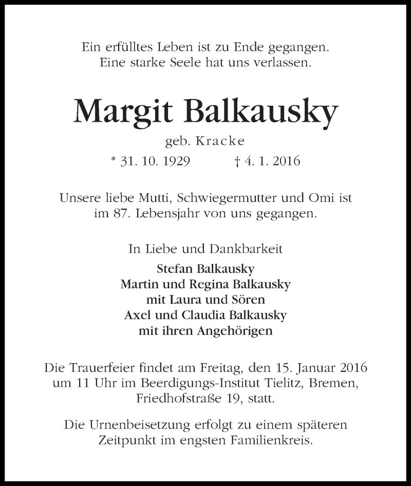 Traueranzeige von Margit Balkausky von WESER-KURIER