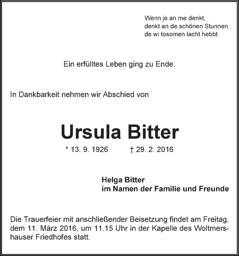 Traueranzeige von Ursula Bitter von WESER-KURIER