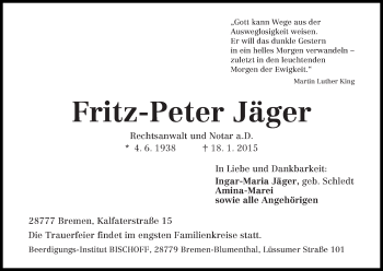 Traueranzeige von Fritz-Peter Jäger