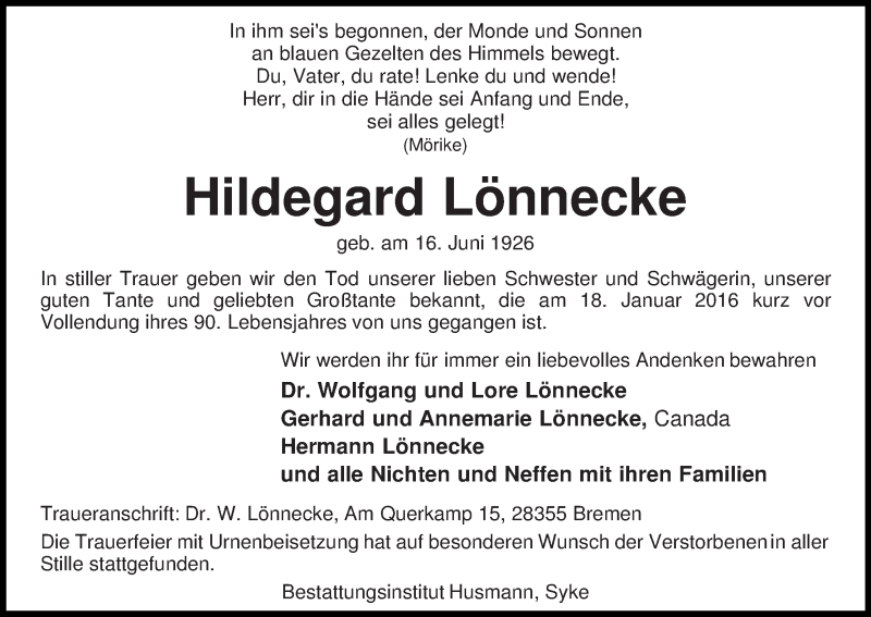 Traueranzeige von Hildegard Lönnecke von WESER-KURIER