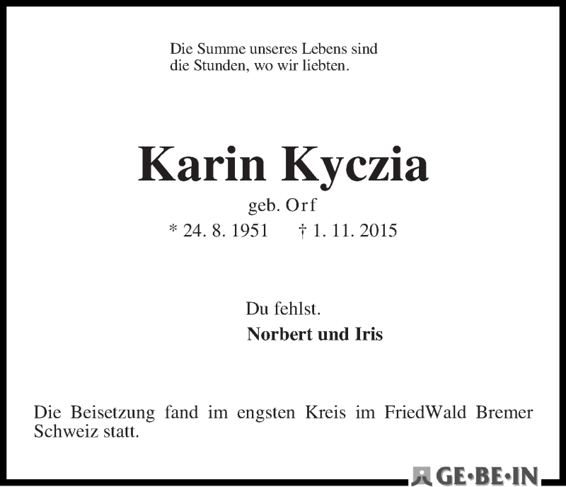 Traueranzeige von Karin Kyczia von WESER-KURIER