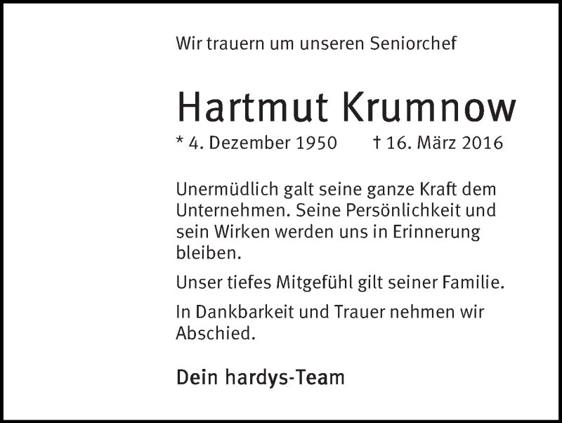Traueranzeige von Hartmut Krumnow von WESER-KURIER