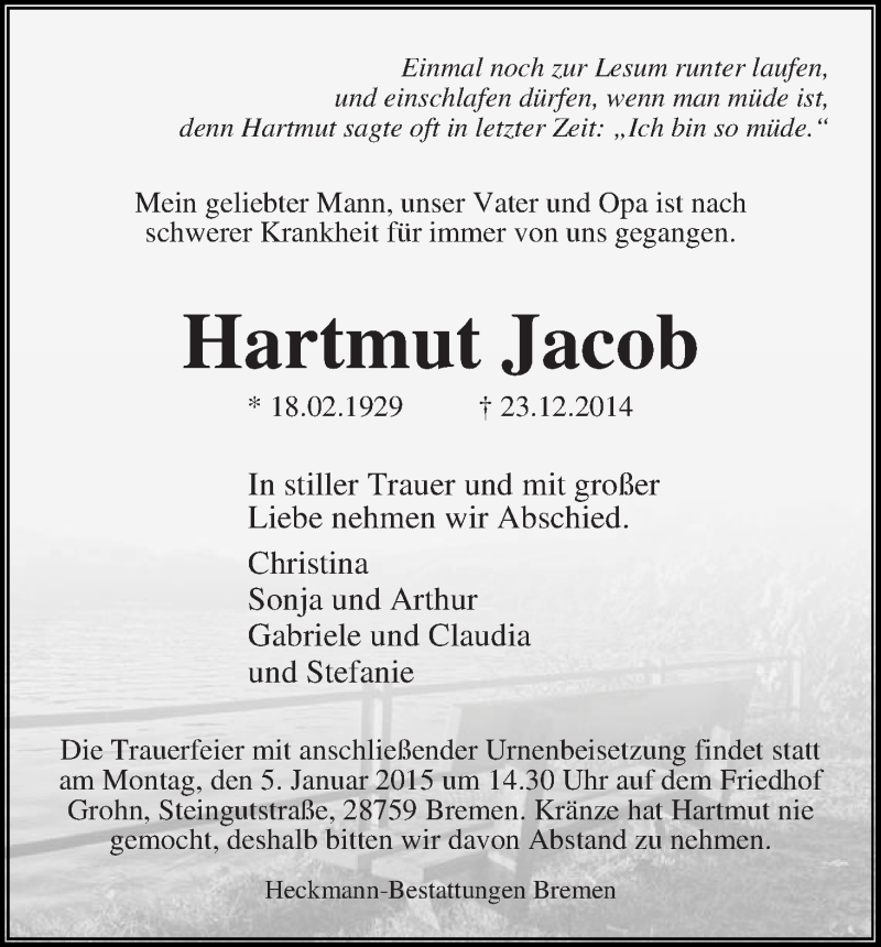 Traueranzeige von Hartmut Jacob von WESER-KURIER