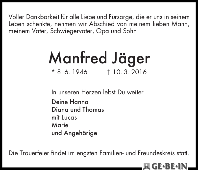 Traueranzeige von Manfred Jäger von WESER-KURIER