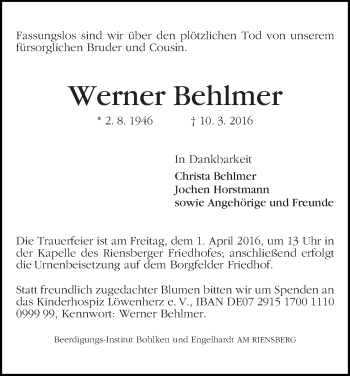 Traueranzeige von Werner Behlmer