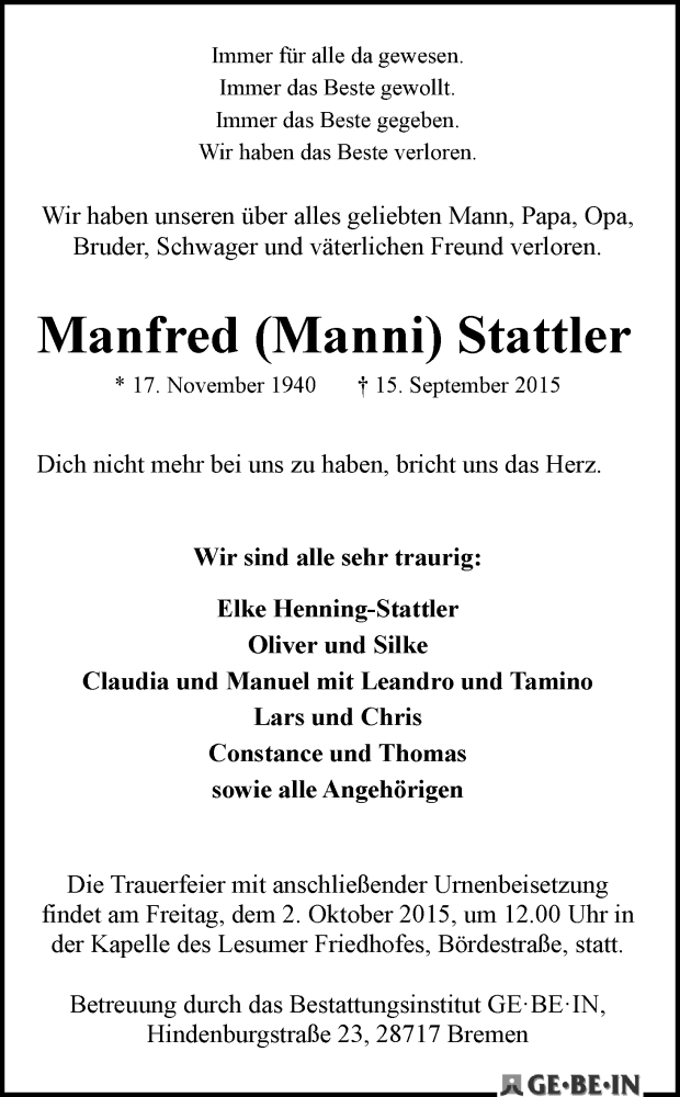Traueranzeige von Manfred (Manni) Stattler von Die Norddeutsche