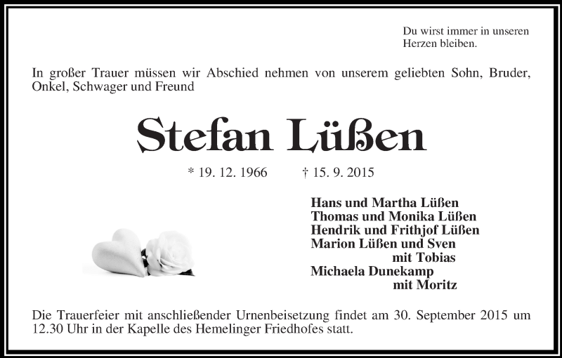  Traueranzeige für Stefan Lüßen vom 19.09.2015 aus WESER-KURIER