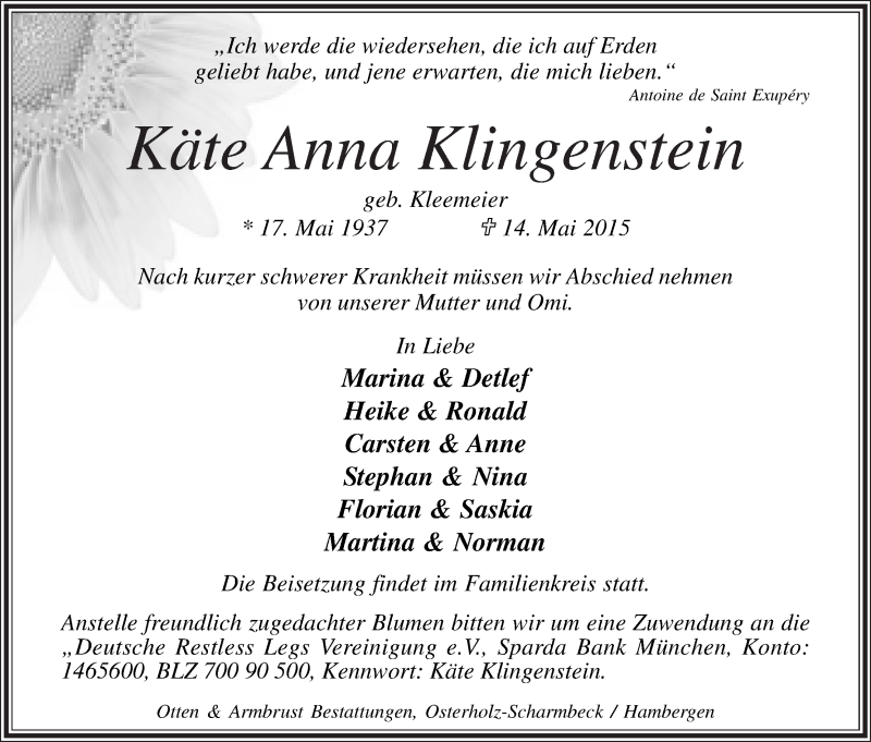 Traueranzeige von Käte Anna Klingenstein von Osterholzer Kreisblatt