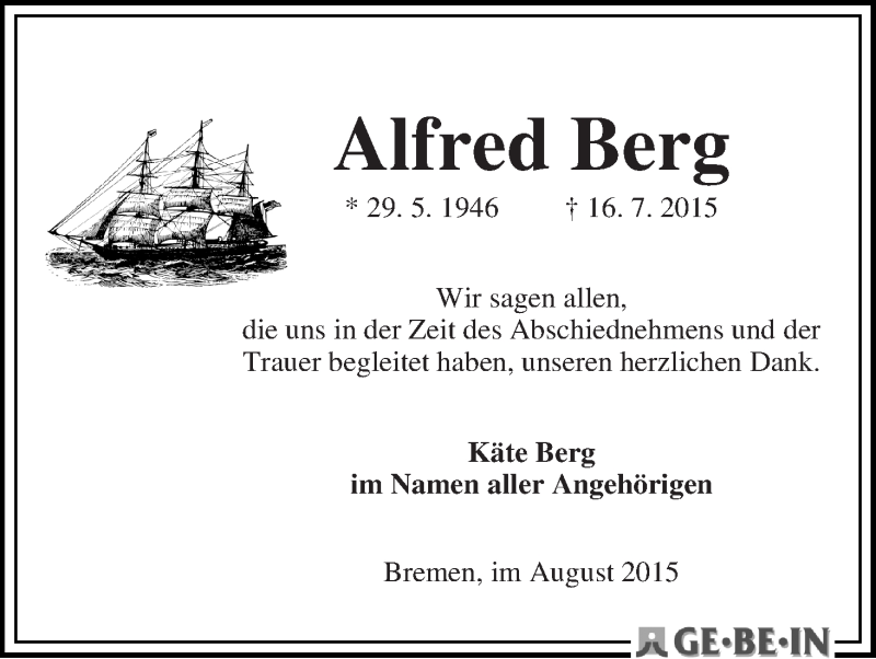 Traueranzeige von Alfred Berg von WESER-KURIER