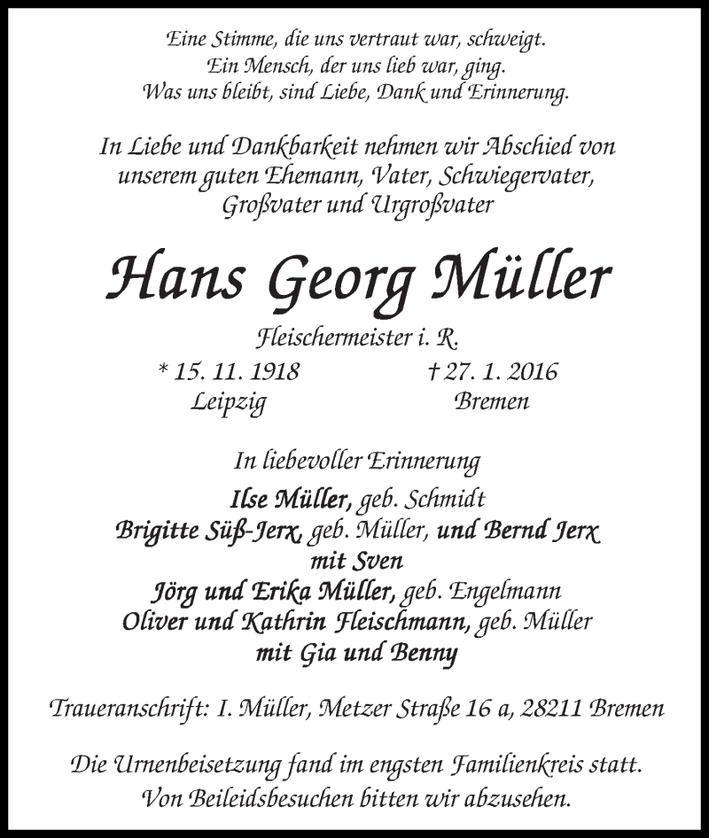 Traueranzeige von Hans Georg Müller von WESER-KURIER