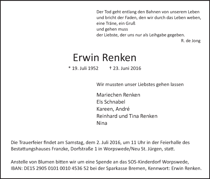 Traueranzeige von Erwin Renken von Wuemme Zeitung