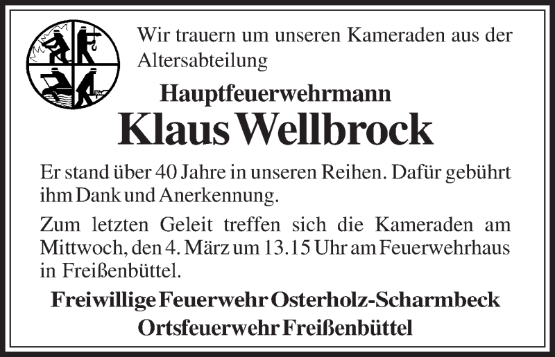 Traueranzeige von Klaus Wellbrock von Osterholzer Kreisblatt