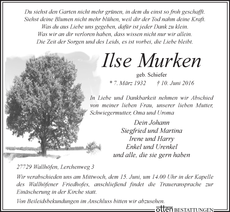 Traueranzeige von Ilse Murken von Osterholzer Kreisblatt