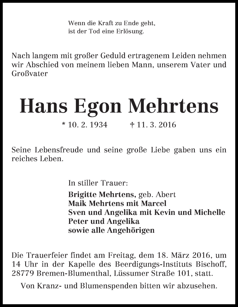 Traueranzeige von Hans Egon Mehrtens von Die Norddeutsche