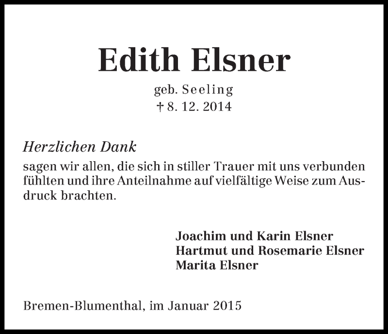 Traueranzeige von Edith Elsner von Die Norddeutsche