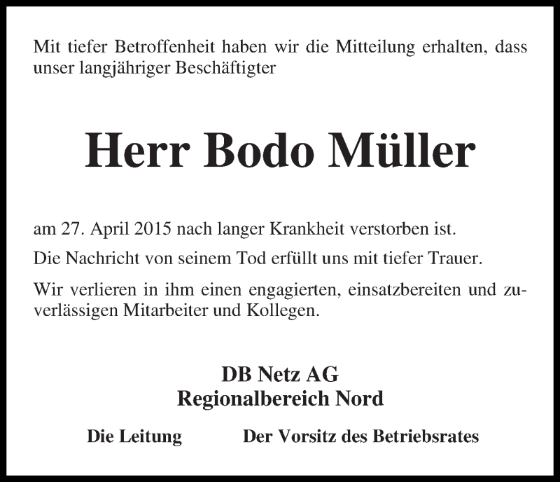  Traueranzeige für Bodo Müller vom 06.05.2015 aus WESER-KURIER