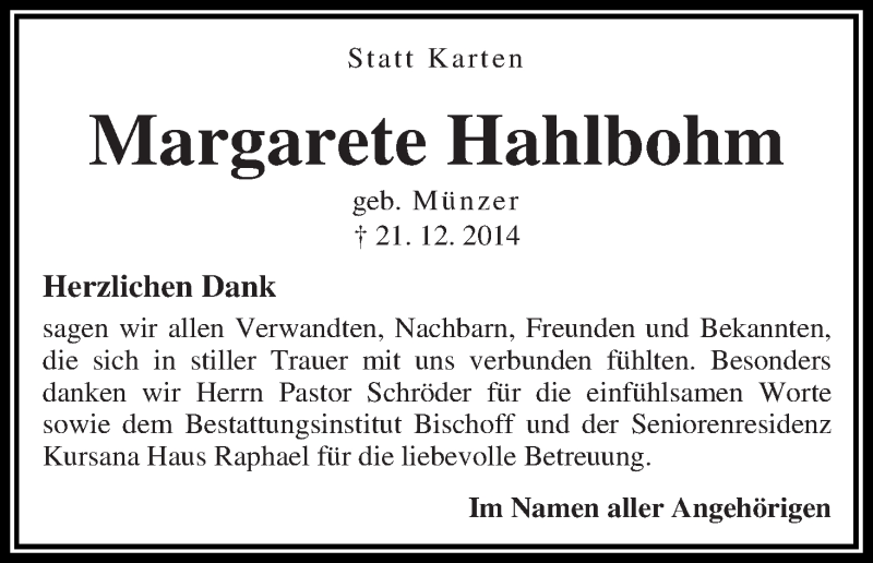 Traueranzeige von Margarete Hahlbohm von Die Norddeutsche