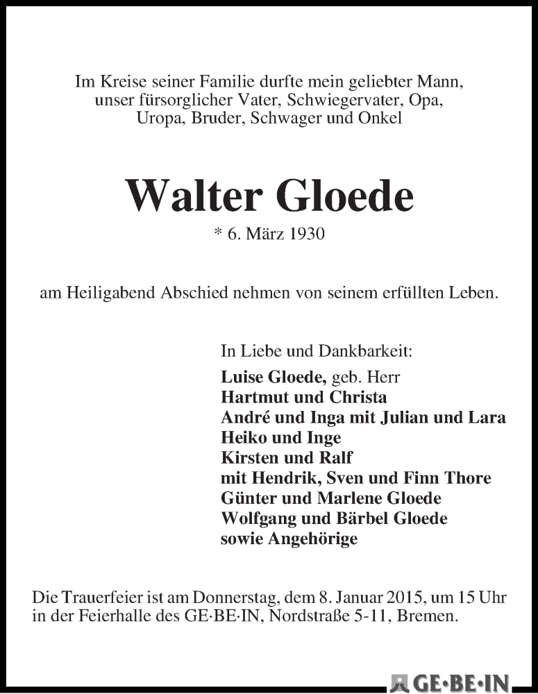 Traueranzeige von Walter Gloede von WESER-KURIER