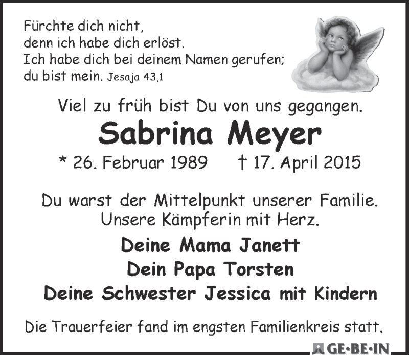  Traueranzeige für Sabrina Meyer vom 09.05.2015 aus WESER-KURIER