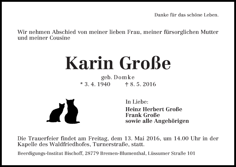 Traueranzeige von Karin Große von Die Norddeutsche