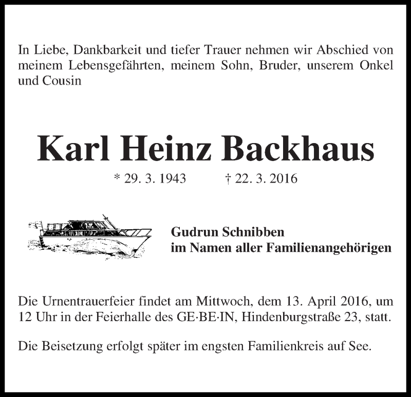 Traueranzeige von Karl Heinz Backhaus von Die Norddeutsche