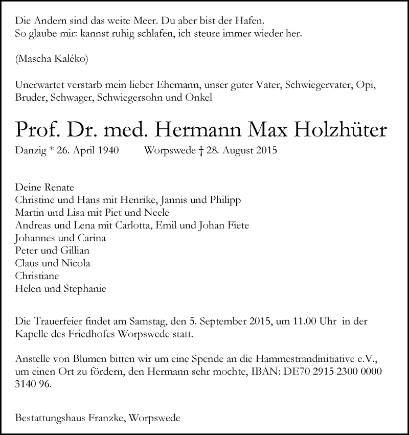 Traueranzeige von Hermann Max Holzhüter von WESER-KURIER