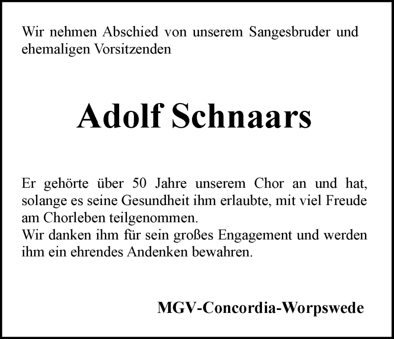 Traueranzeige von Adolf Schnaars von Wuemme Zeitung