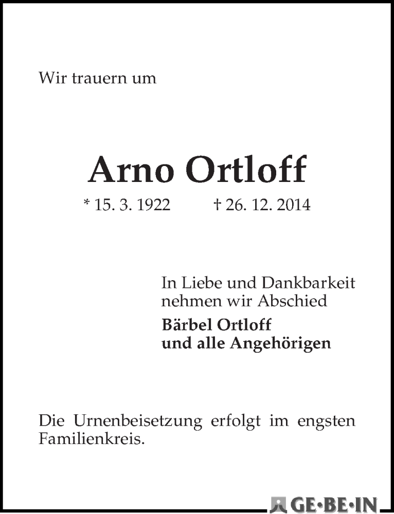 Traueranzeige von Arno Ortloff von WESER-KURIER