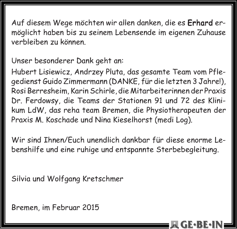 Traueranzeige von Erhard Kretschmer von WESER-KURIER