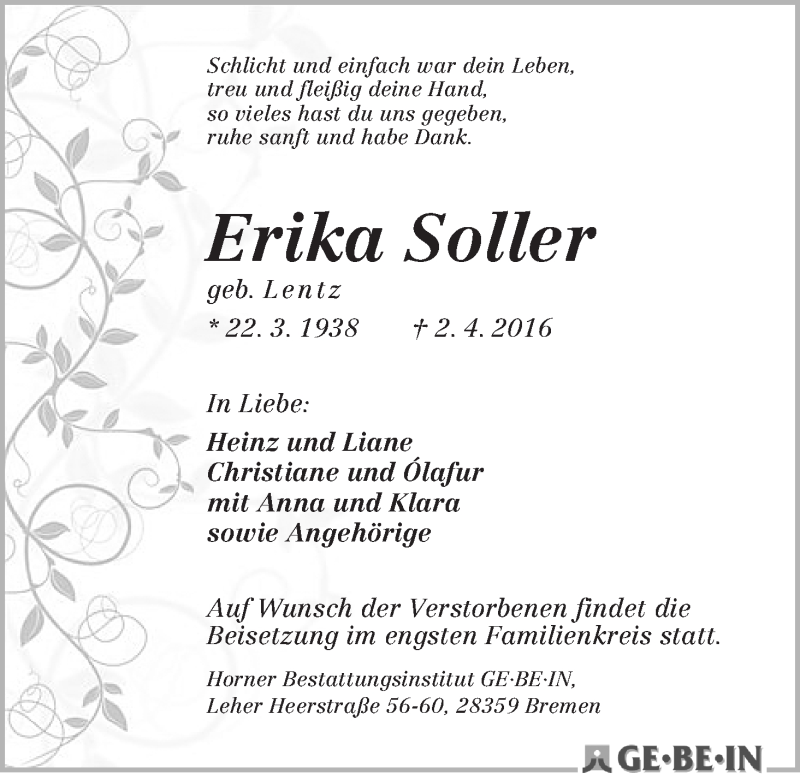 Traueranzeige von Erika Soller von WESER-KURIER