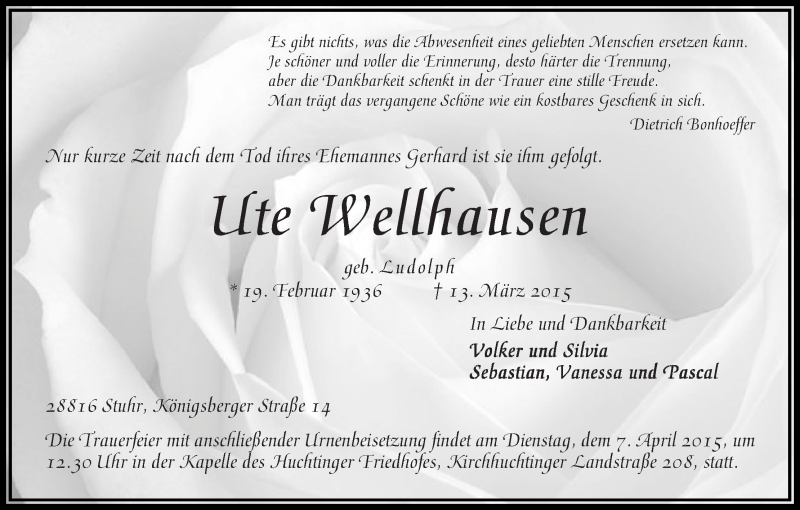 Traueranzeige von Ute Wellhausen von WESER-KURIER