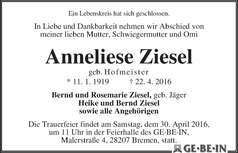 Traueranzeige von Anneliese Ziesel von WESER-KURIER