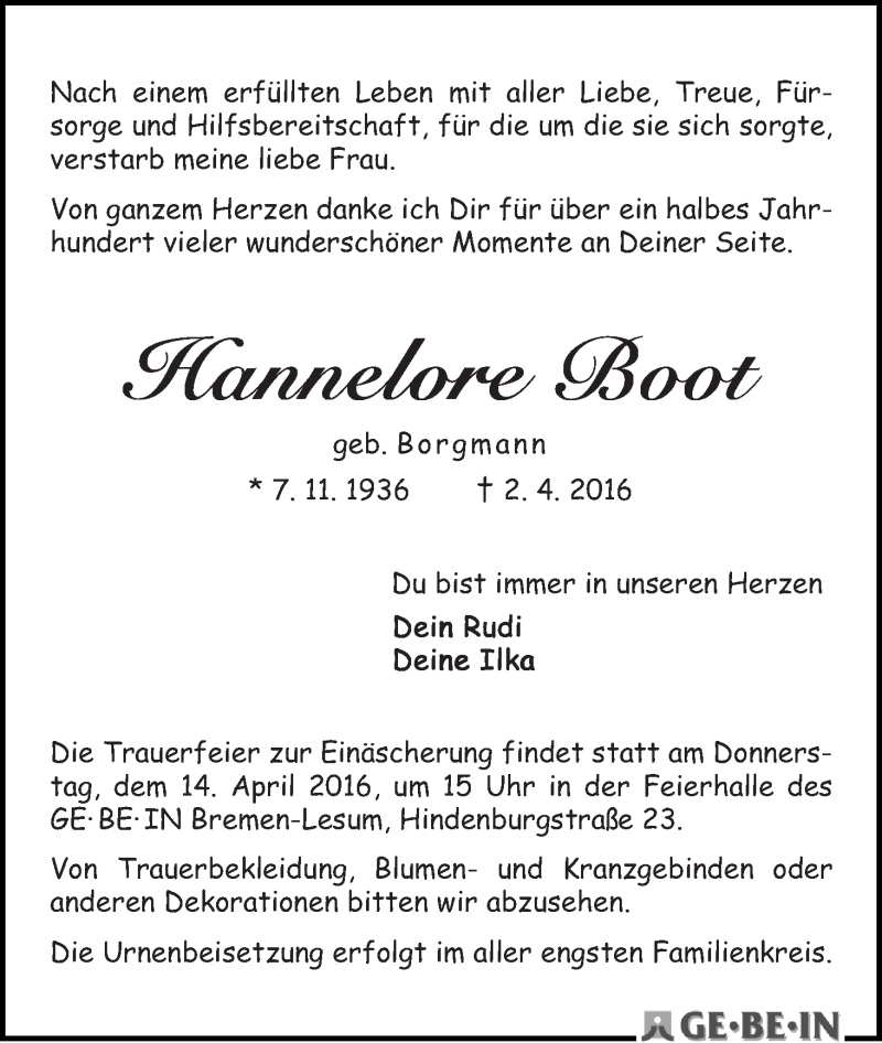 Traueranzeige von Hannelore Boot von Die Norddeutsche