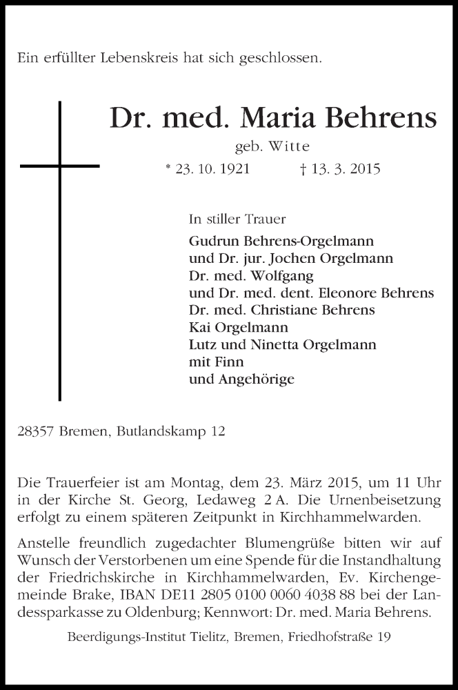 Traueranzeige von Maria Behrens von WESER-KURIER