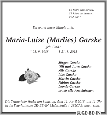 Traueranzeige von Maria-Luise (Marlies) Garske