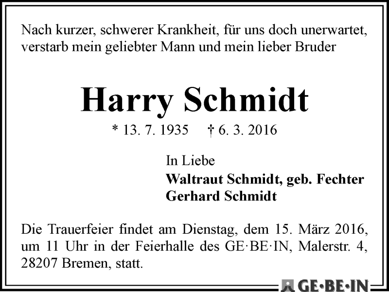 Traueranzeige von Harry Schmidt von WESER-KURIER