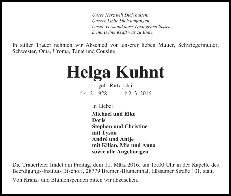 Traueranzeige von Helga Kuhnt von Die Norddeutsche