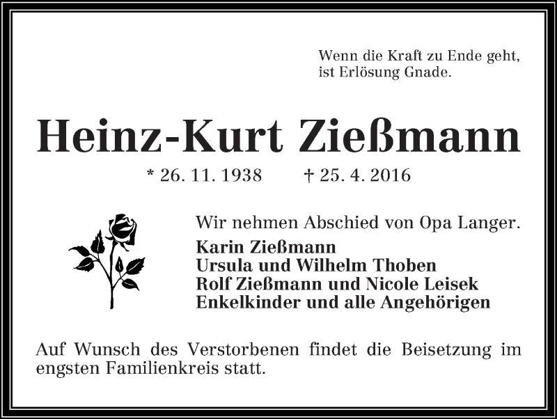 Traueranzeige von Heinz-Kurt Zießmann von WESER-KURIER