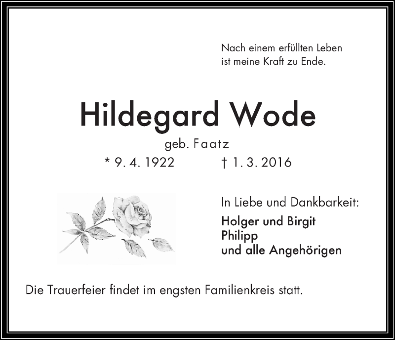 Traueranzeige von Hildegard Wode von WESER-KURIER