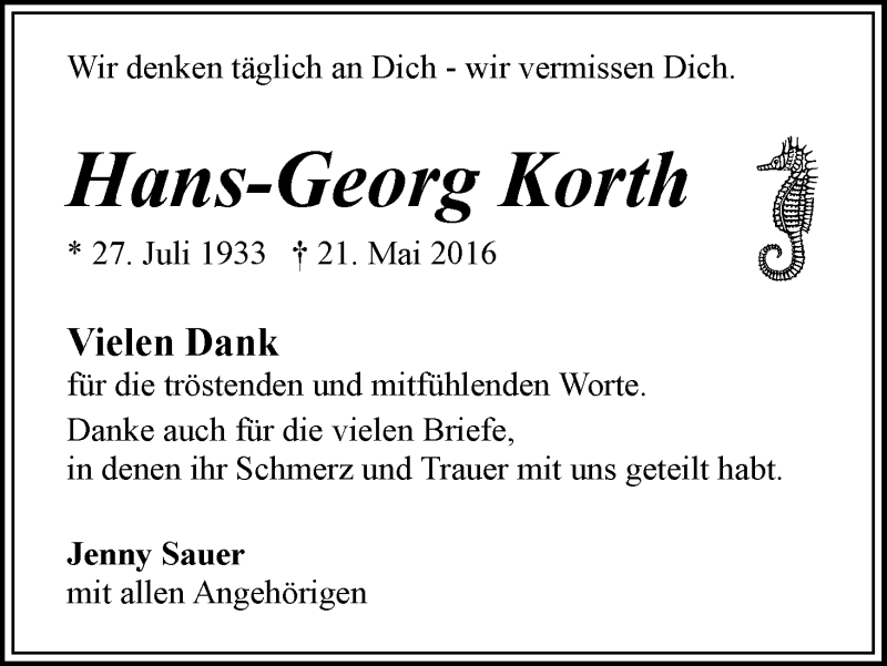 Traueranzeige von Hans-Georg Korth von WESER-KURIER