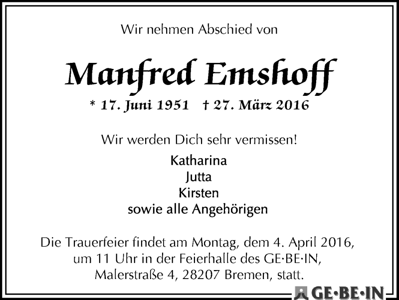 Traueranzeige von Manfred Emshoff von WESER-KURIER