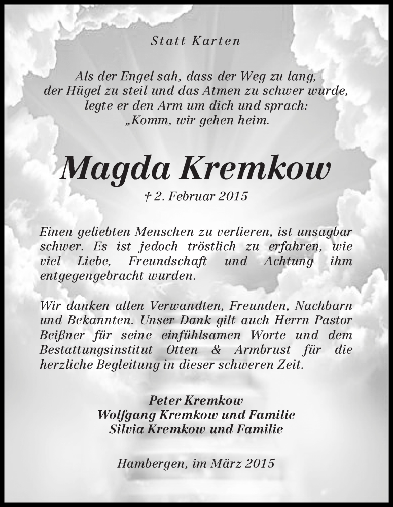 Traueranzeige von Magda Kremkow von Osterholzer Kreisblatt