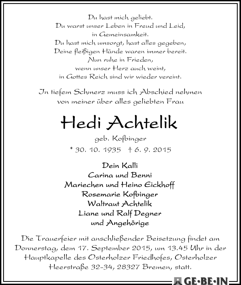 Traueranzeige von Hedwig Achtelik von WESER-KURIER