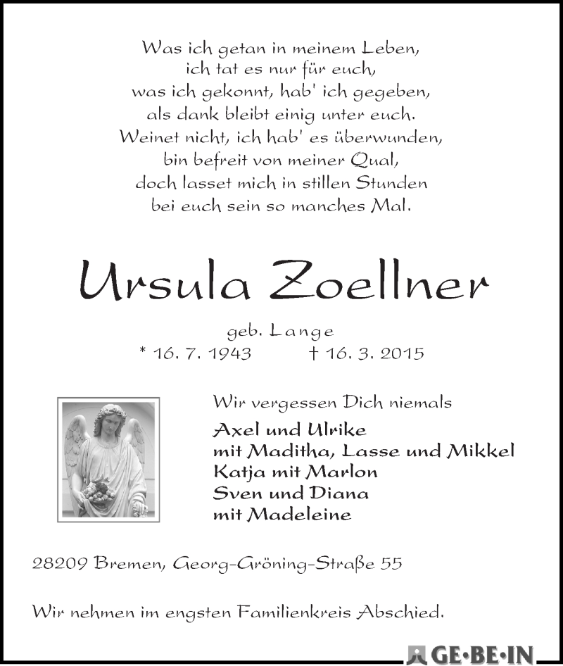 Traueranzeige von Ursula Zoellner von WESER-KURIER