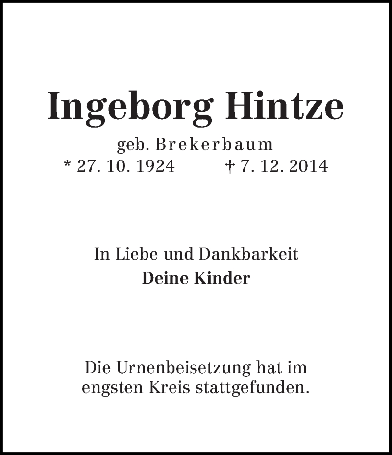 Traueranzeige von Ingeborg Hintze von WESER-KURIER
